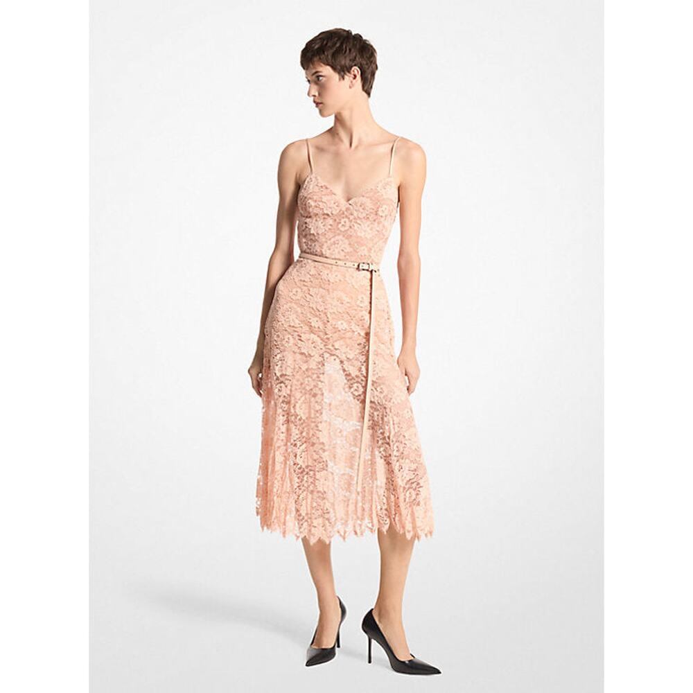 Michael Kors Lace Midi Dress Womens Size 2 Peach Floral Spaghetti Strap Cocktail
